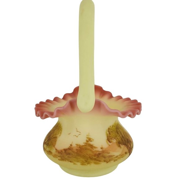 Fenton Art Glass Burmese Ruffled Handled Basket Trees Birds Artist Signed VTG - Picture 3 of 9